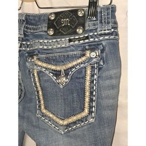Miss Me Jeans Women's 28 Blue Cropped Heavy Stitch Bling Flap Pocket Denim